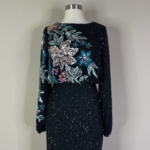 NEW Mac Duggal | Black Floral Long Sleeve High Neck Beaded Gown Formal Dress NWT - Picture 3 of 12